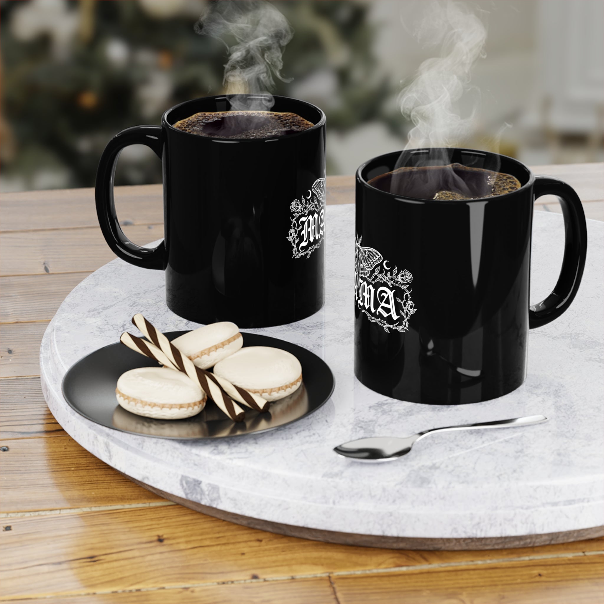 Mama Gothic Black Coffee Mug — 11oz Dark Floral Moth Design