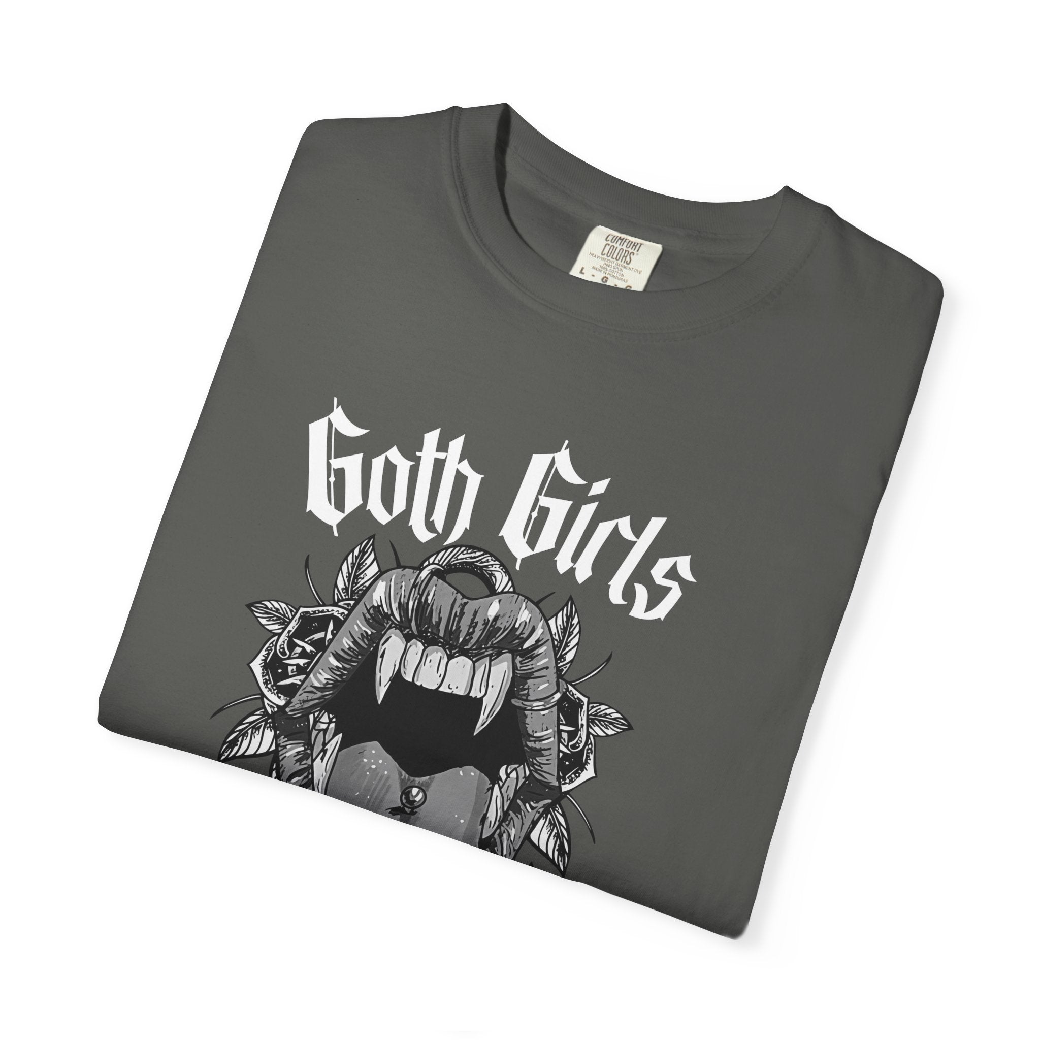 Goth Girls Taste Better T-shirt | Vampire Fangs, Roses, Gothic Script