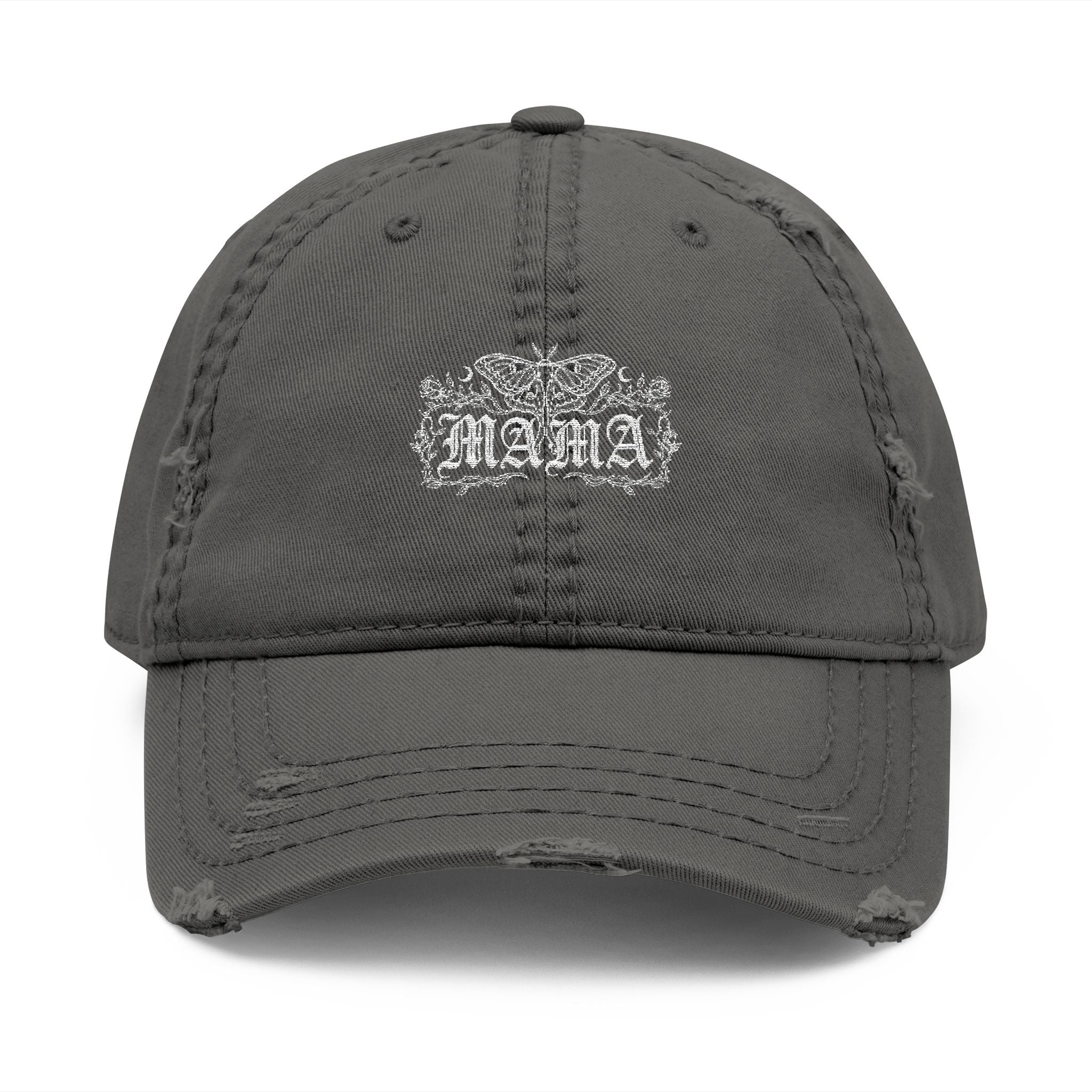 Goth/Whimsy Distressed Embroidered "Mama" Dad Hat - Vintage Floral Patch Cap