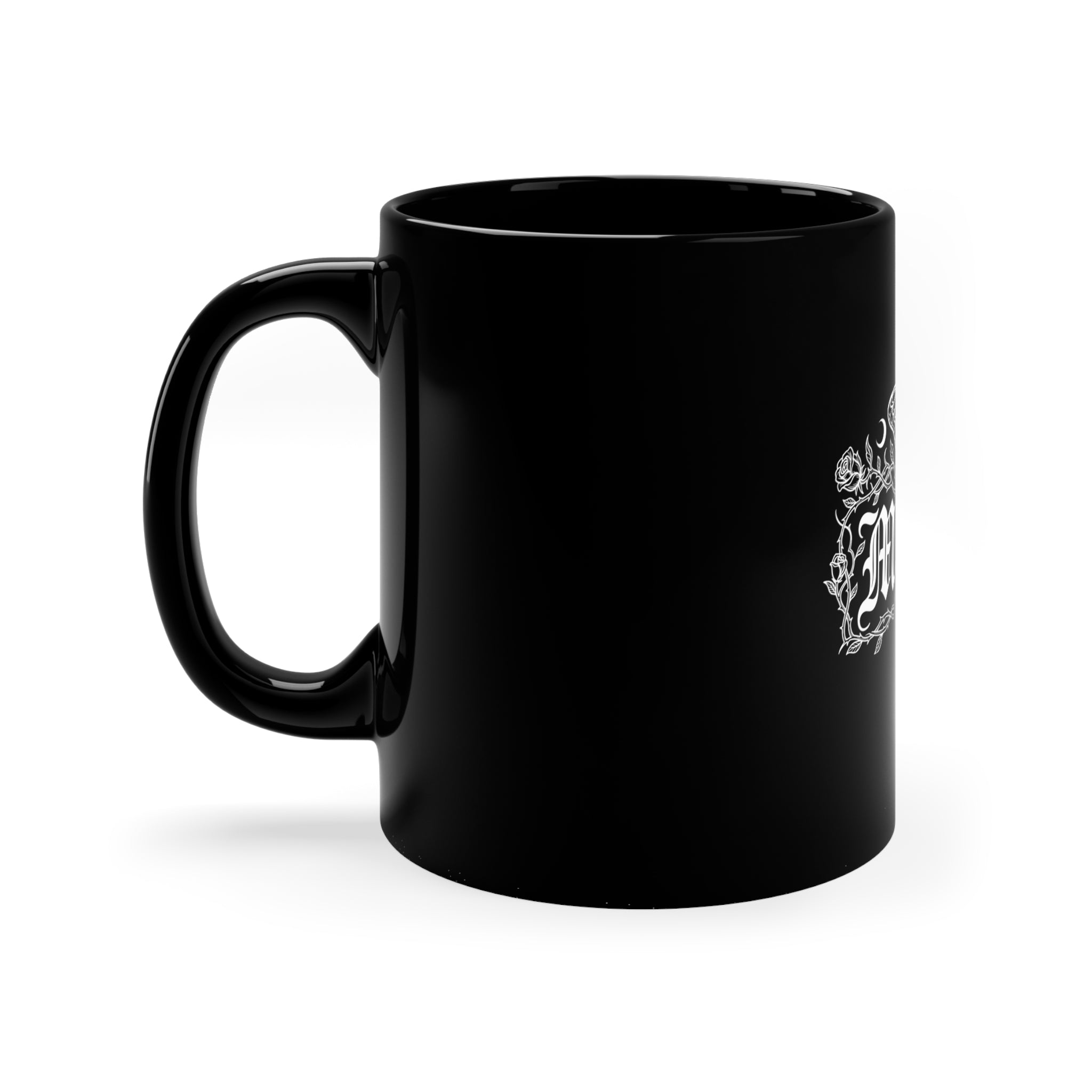 Mama Gothic Black Coffee Mug — 11oz Dark Floral Moth Design