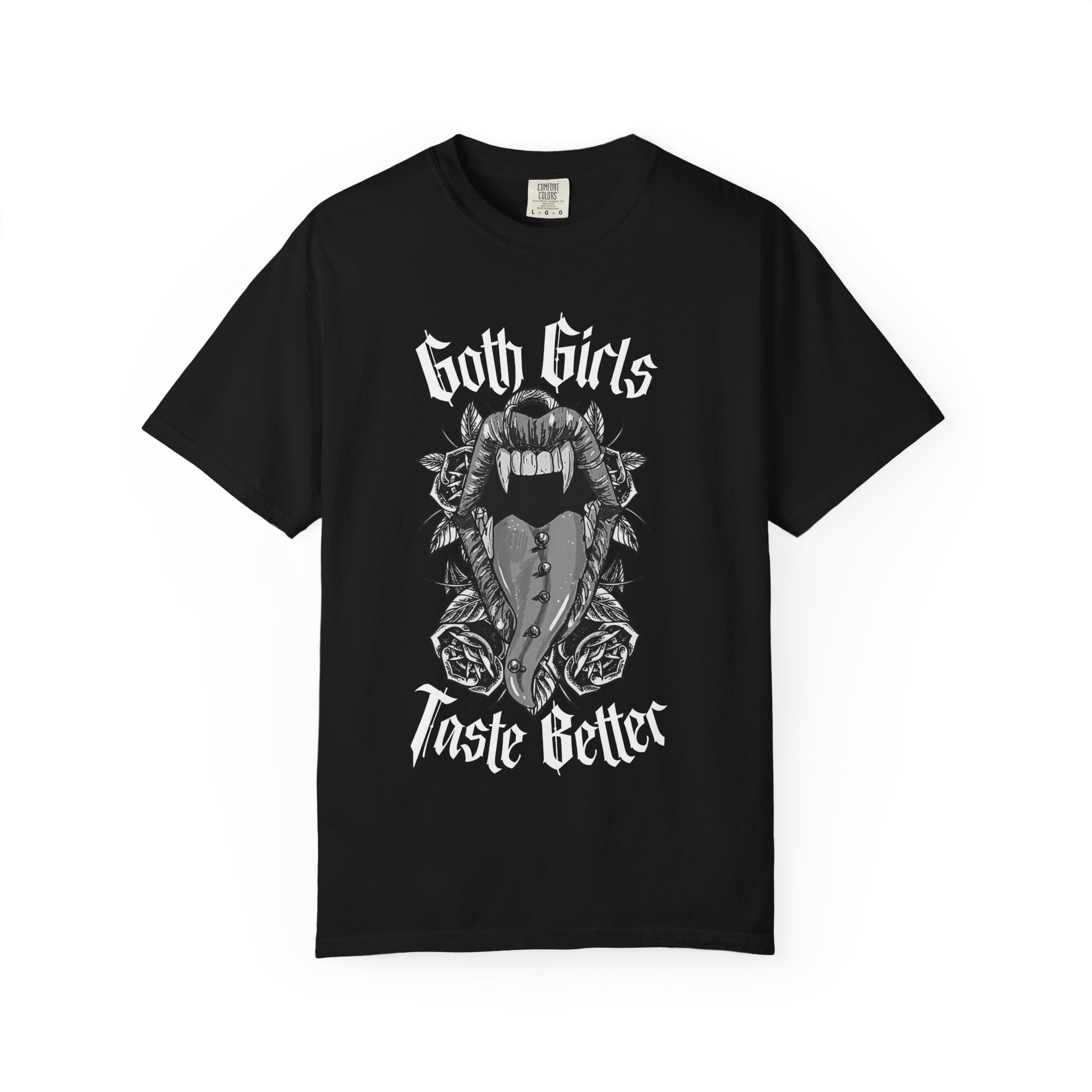 Goth Girls Taste Better T-shirt | Vampire Fangs, Roses, Gothic Script