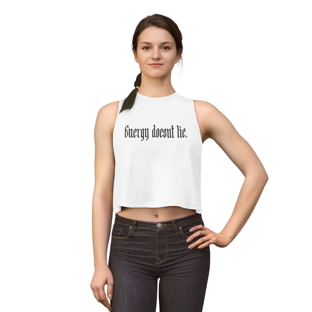 Crop Top — "Energy Doesn't Lie" Gothic Script Athletic Tank