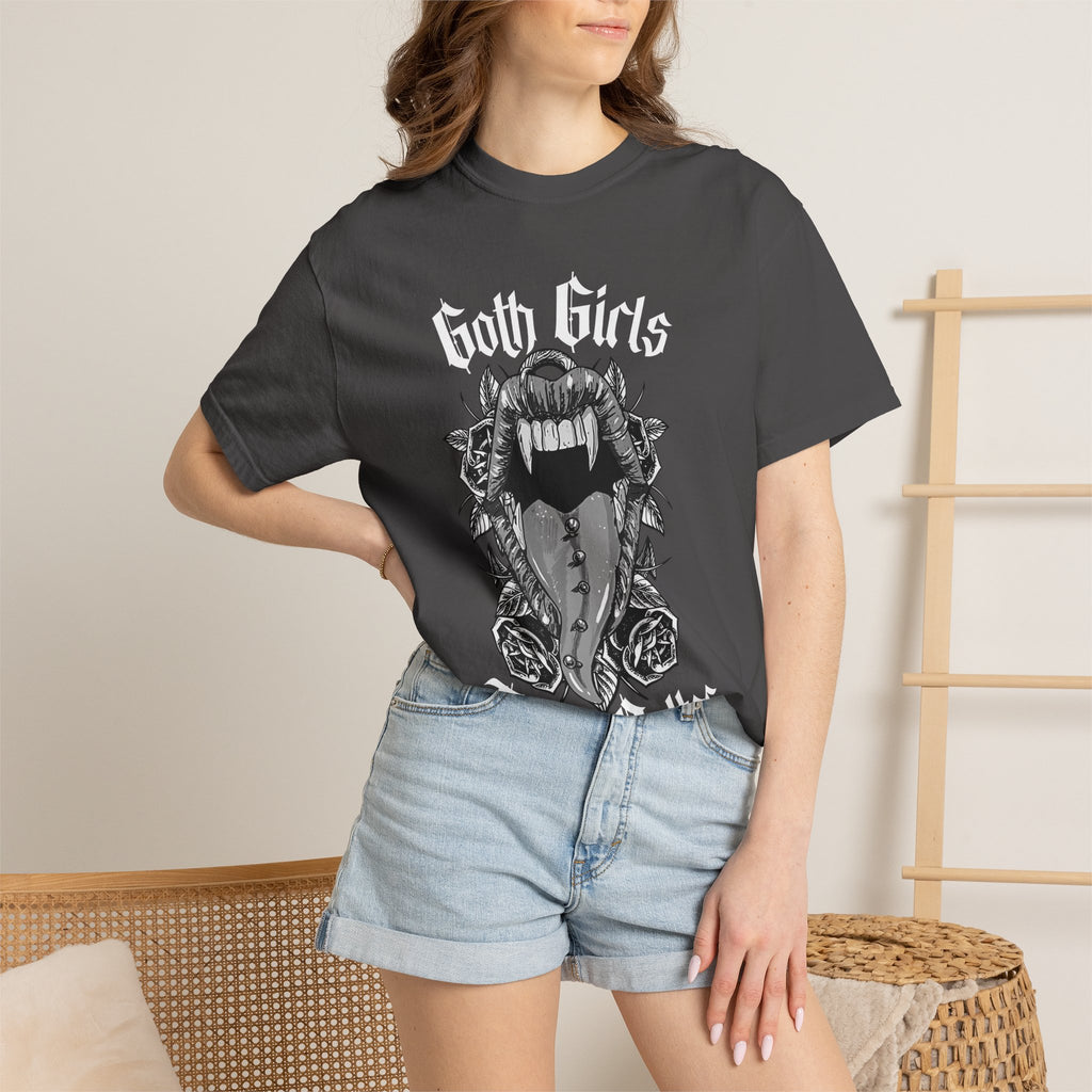 Goth Girls Taste Better T-shirt | Vampire Fangs, Roses, Gothic Script