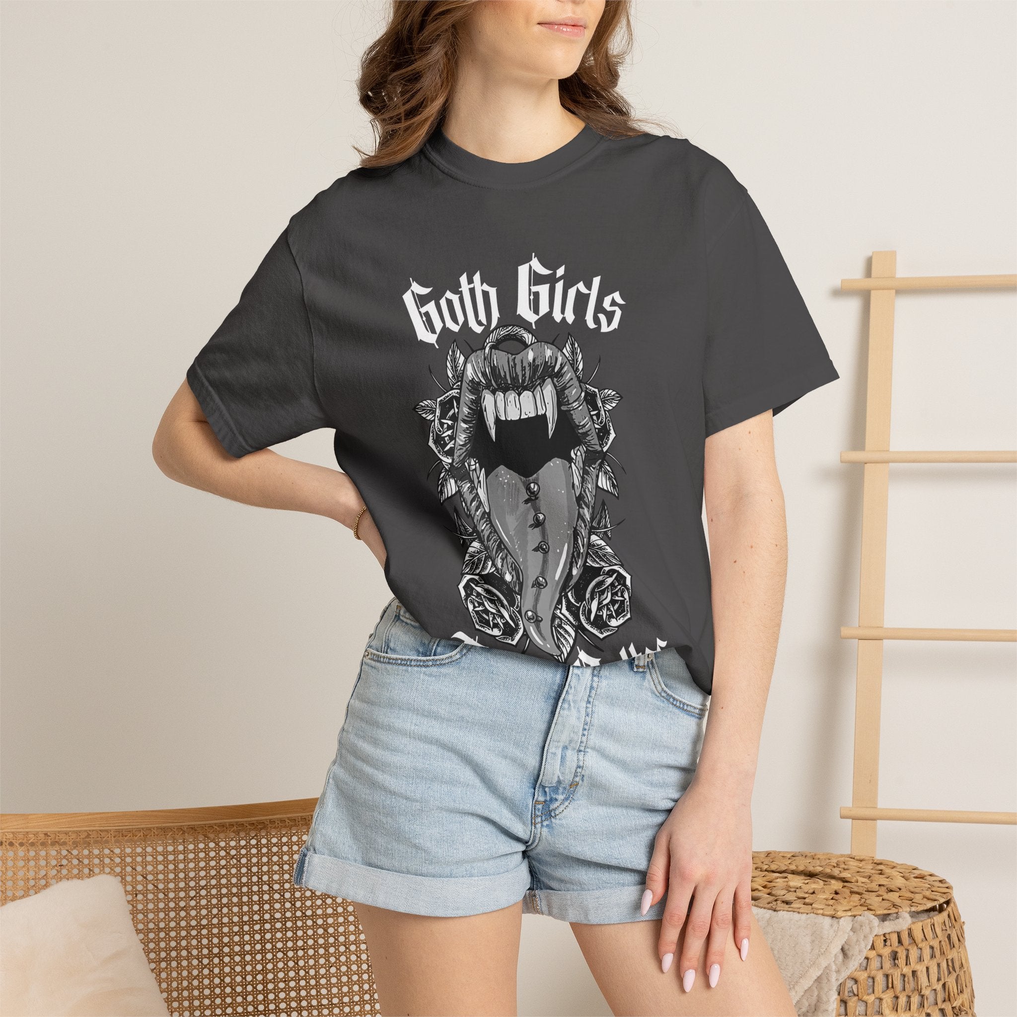 Goth Girls Taste Better T-shirt | Vampire Fangs, Roses, Gothic Script