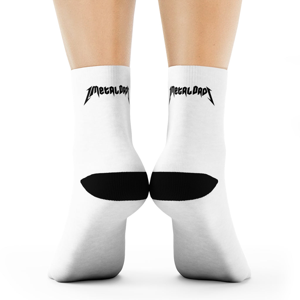 Metal Dad Crew Socks — White Athletic Socks with 'Metal Dad' Logo