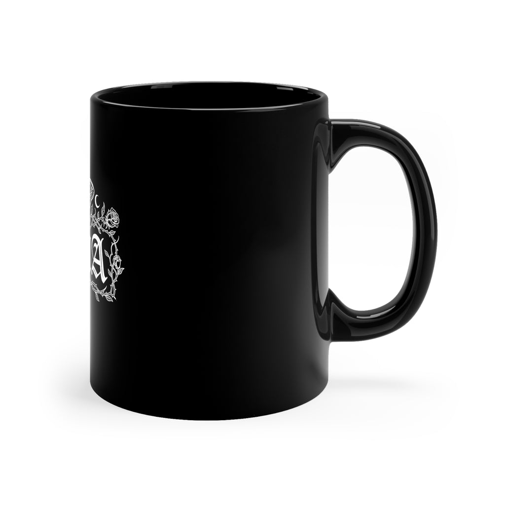Mama Gothic Black Coffee Mug — 11oz Dark Floral Moth Design