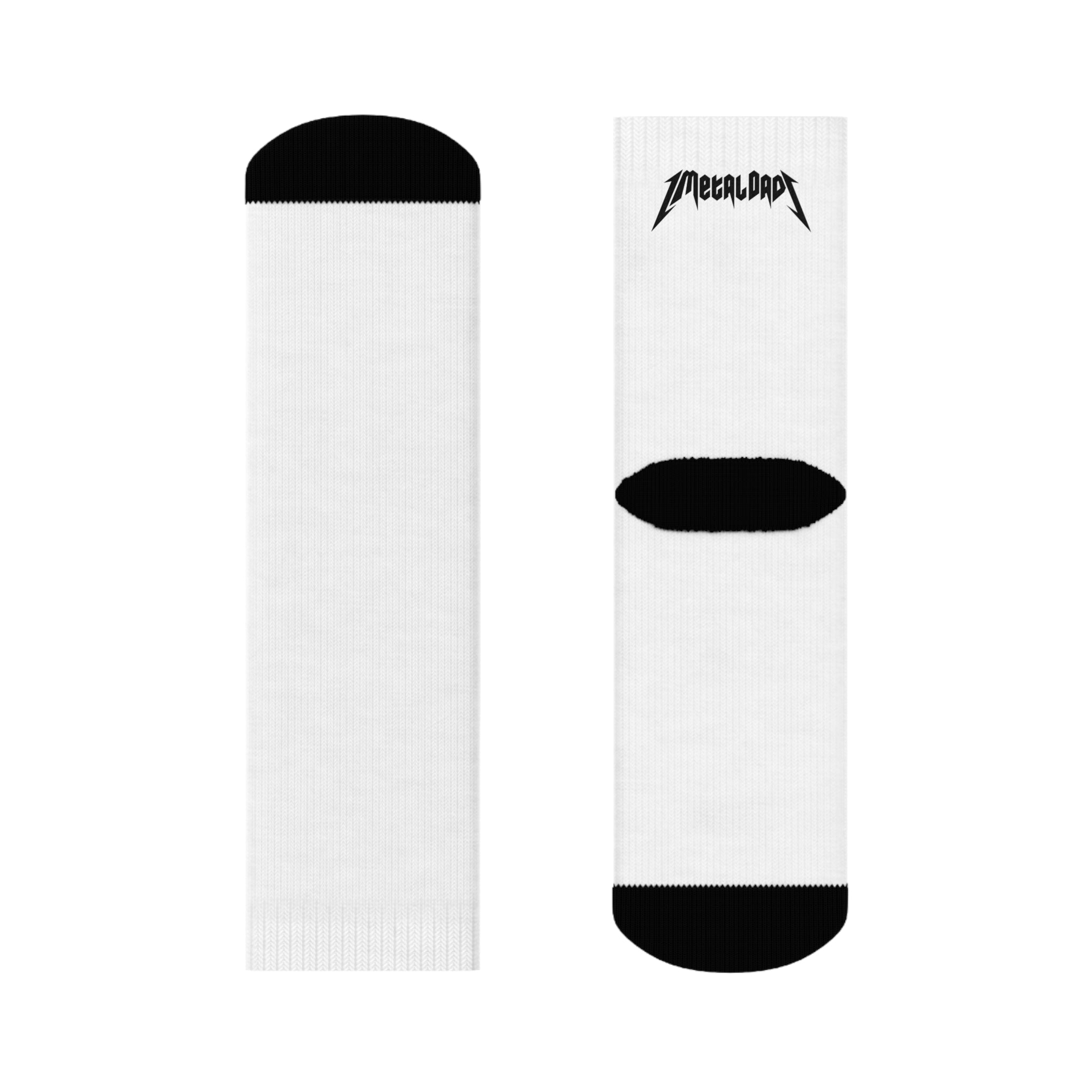 Metal Dad Crew Socks — White Athletic Socks with 'Metal Dad' Logo