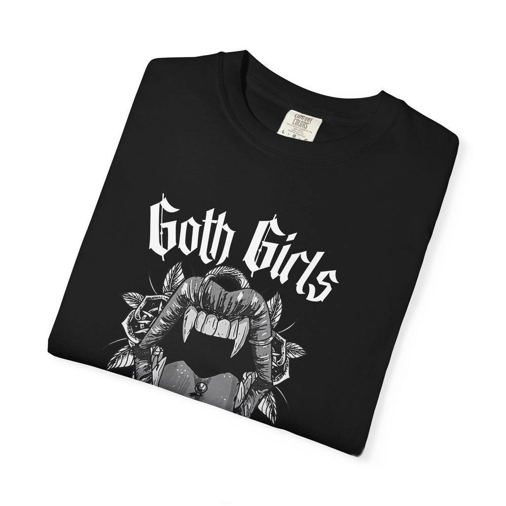 Goth Girls Taste Better T-shirt | Vampire Fangs, Roses, Gothic Script