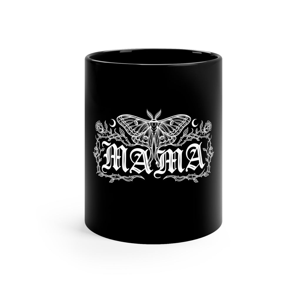 Mama Gothic Black Coffee Mug — 11oz Dark Floral Moth Design