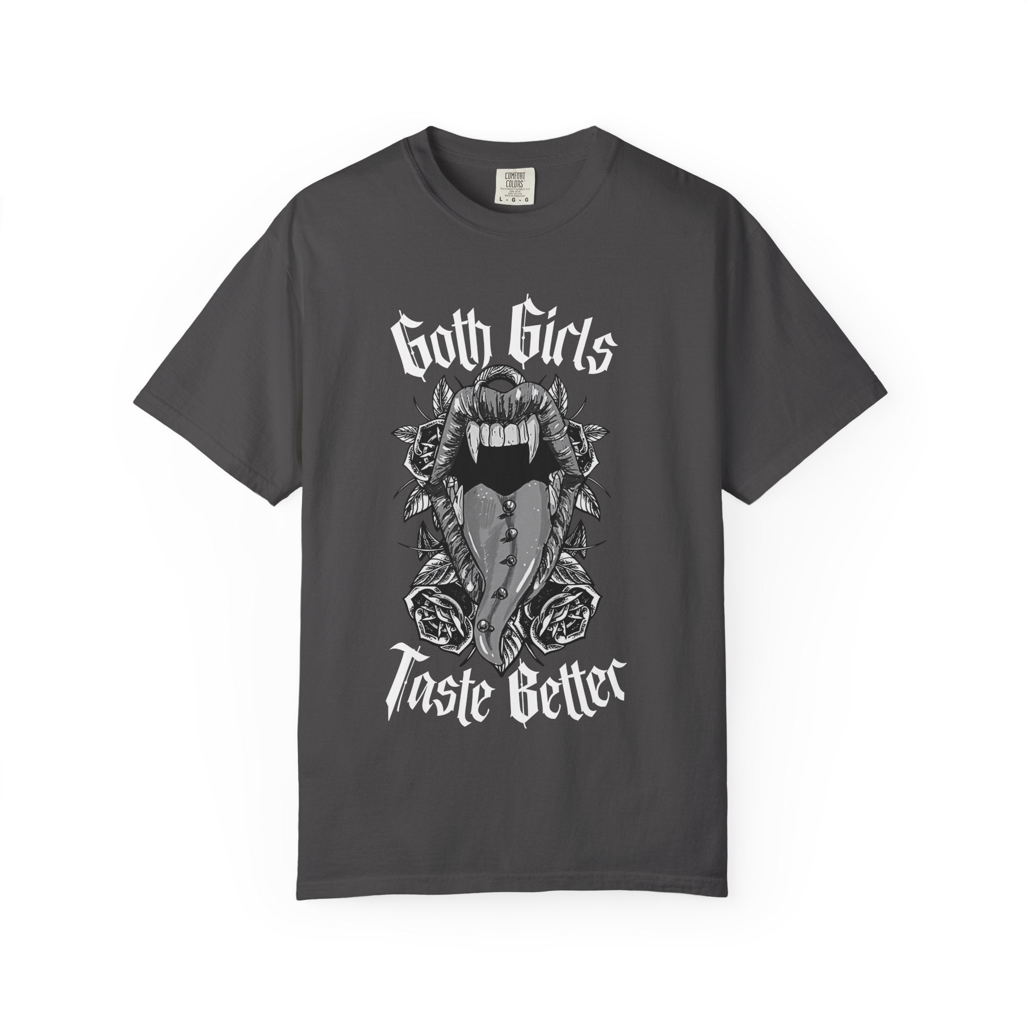 Goth Girls Taste Better T-shirt | Vampire Fangs, Roses, Gothic Script