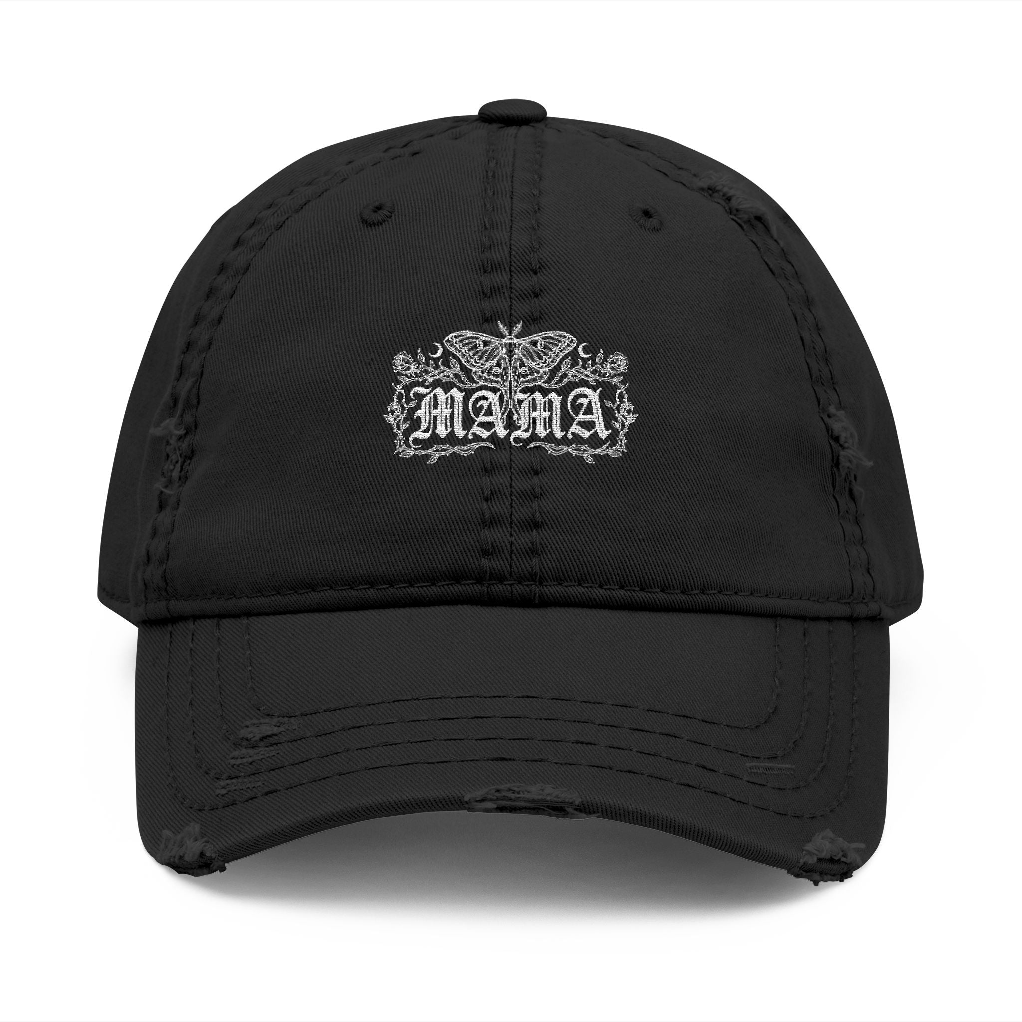 Goth/Whimsy Distressed Embroidered "Mama" Dad Hat - Vintage Floral Patch Cap