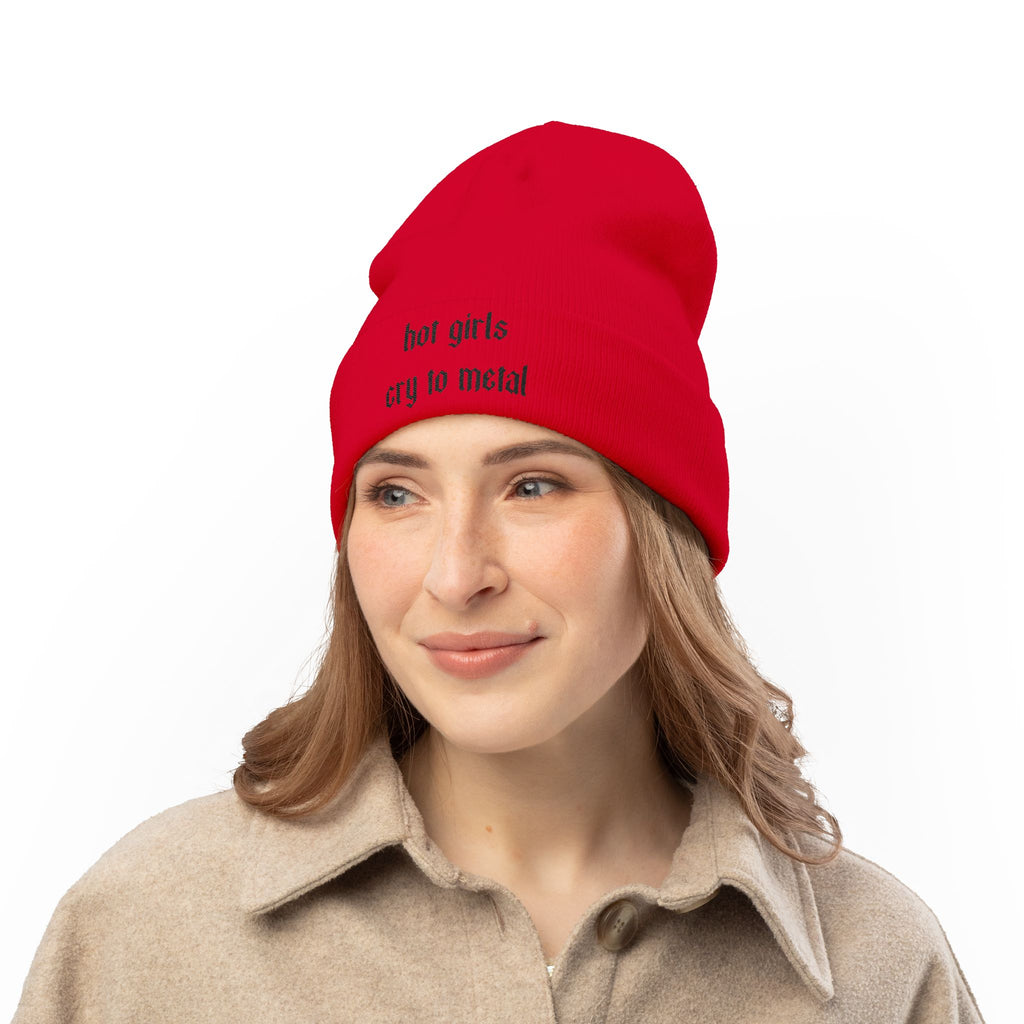 Embroidered Beanie — "hot girls cry to metal" Knit Winter Hat
