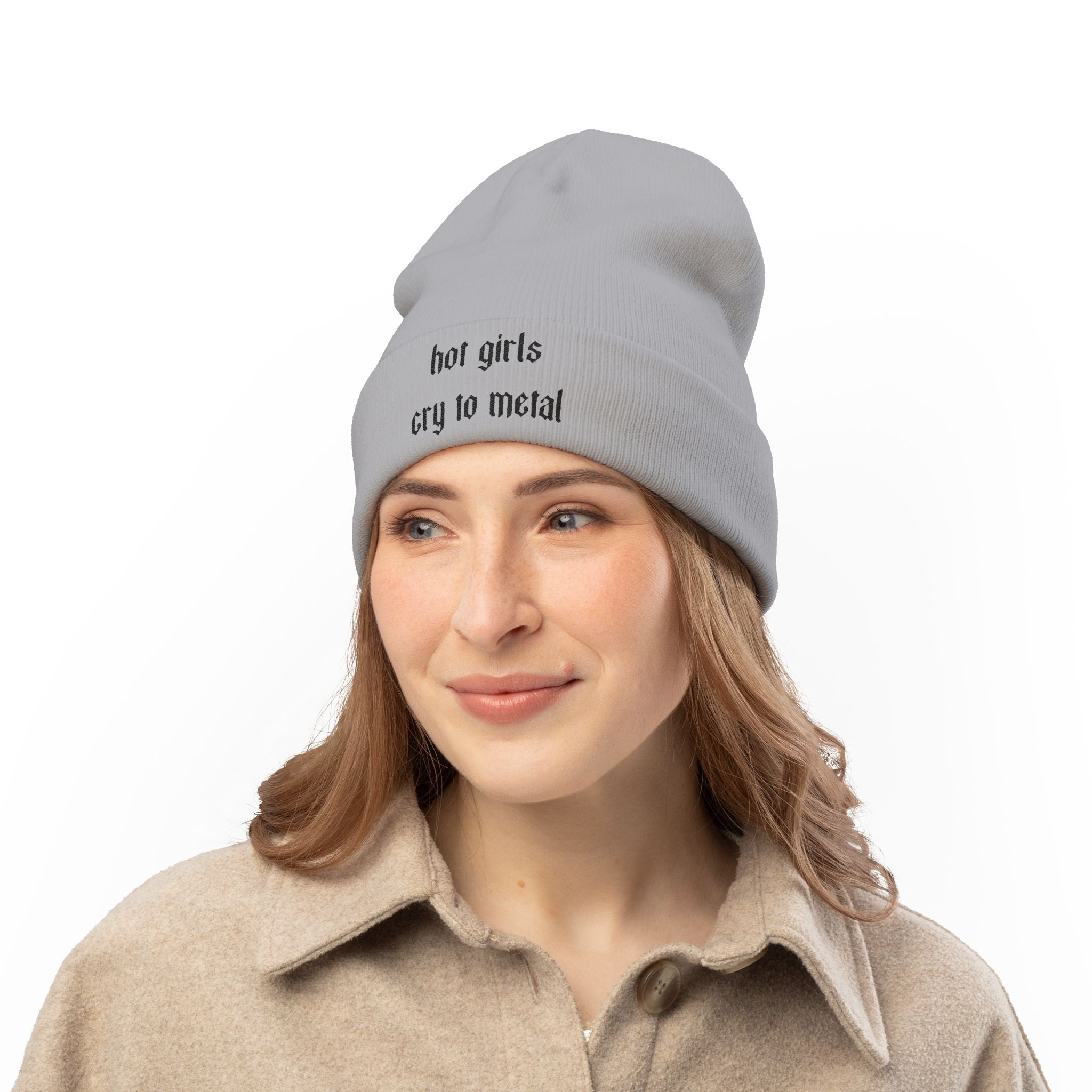 Embroidered Beanie — "hot girls cry to metal" Knit Winter Hat